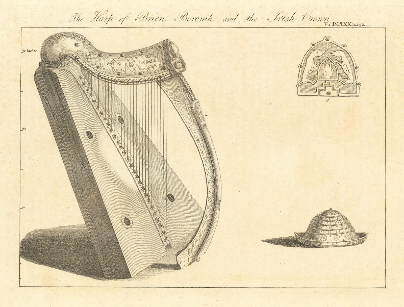 Trinity College harp. Brien Boromh Brian Boru. The Irish Crown 1806 old print